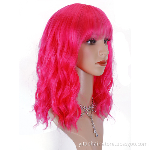 Wholesale price High Temperature Fiber Short Natural Wave Hot pink  Water Wave Synthetic Wig For Women With Flat Bangs